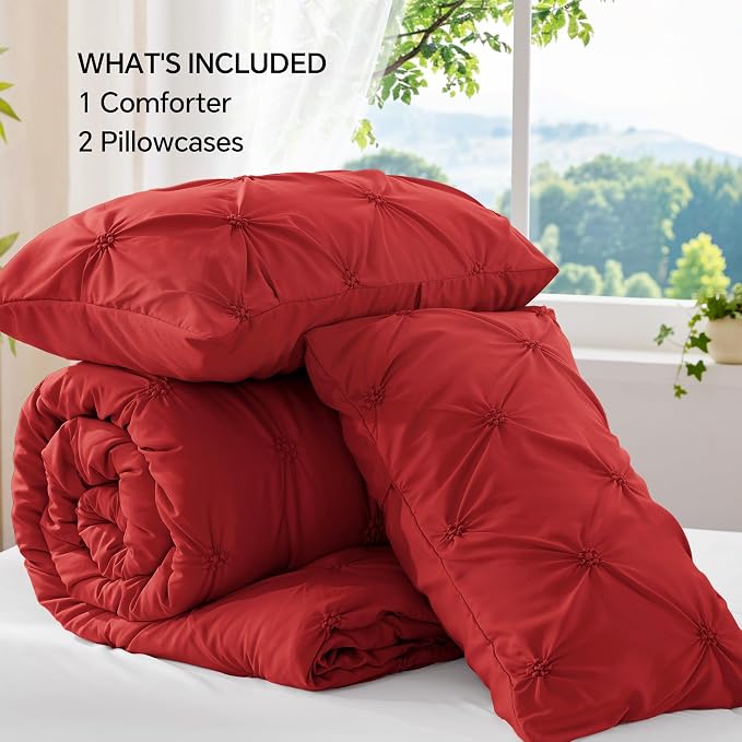 BEDELITE King Comforter Set Rose Red,Lightweight & Soft Comforter | Pintuck Boho Bedding, Warm & Cute Bed Set for All Season,With 2 Pillowcases