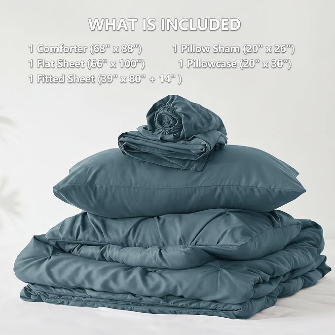 Twin XL Comforter Set Mineral Blue, 5 Pieces Pintuck Bed in a Bag | College Dorm Essentials, OEKO-TEX 100 Certified, 240GSM All Season, Down-Alternative Comforter, Sheets, Pillowcase & Sham
