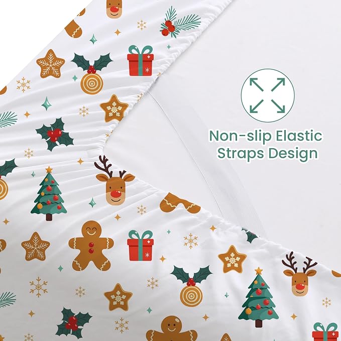 Softan Christmas Holiday Microfiber King Sheet Set with Non-Slip Straps | 15" Deep Pocket Fitted Bed Sheets, Printed Sheets, Christmas Gathering Pattern, Cozy Sheets & Pillowcase Set for All Season