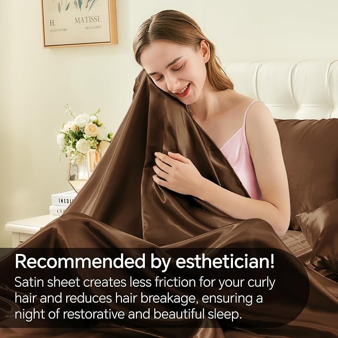 BEDELITE Satin Sheets Queen Size Bed Set, Brown, 4 Pieces | Luxury Silky Bed Sheets, 15 Inch Deep Pocket, Similar to Silk, Soft and Cooling, Reduces Friction, Gentle on Hair and Skin