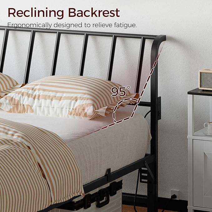 MAHANCRIS King Size Headboard Only, Metal Headboard with 2 Power Strips, 95 Degrees Reclining Backrest with Bed Frame Adapters, Easy Assembly, Black