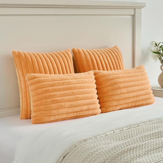 FUTEI Pack of 2 Faux Fur Throw Pillow Covers 26x26 Inch, Orange | Fluffy Faux Rabbit Fur Front/Premium Velvet Back,Hidden Zipper,Machine Washable,Non-Shedding,Colorfast,Insert Not Included.