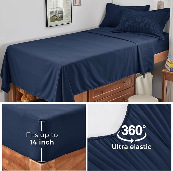 HYMOKEGE Navy Blue Twin Comforter Set Seersucker 5 Pieces, All Season Luxury Bed in a Bag for Bedroom, Bedding Set with Comforters, Sheets, Pillowcase & Sham