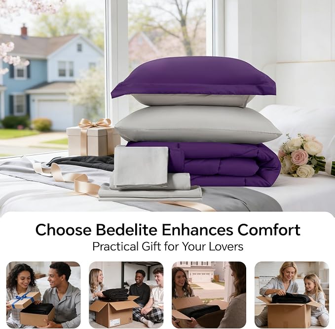 BEDELITE Queen Comforter Set 7 Pieces, Reversible Purple Bed in A Bag | Soft All Season Down-Alternative Comforter, Sheets, Pillowcases & Shams, OEKO-TEX Certified Bedding for Bedrrom, Guest Room