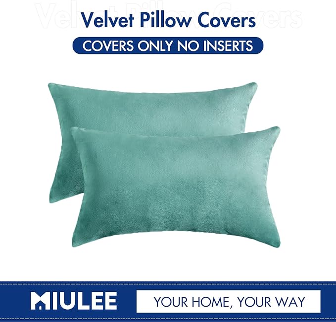MIULEE 12x20 Inch Lumbar Velvet Throw Pillow Covers Aqua Green | Pack of 2 Soft Solid Decorative Pillow Covers, Modern Luxury Home Decor, for Chair Couch Sofa Bedroom Livingroom