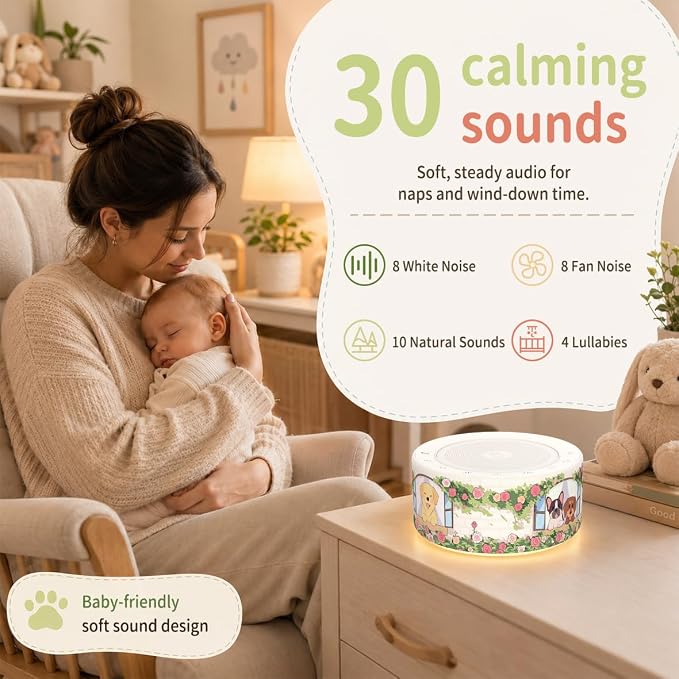 Kipcush White Noise Machine for Baby & Adults, Sleep Sound Machine with 30 Soothing Sounds, 8-Color Night Light, Memory Function, White Noise for Sleeping, Nursery, Office, Travel, Relaxation