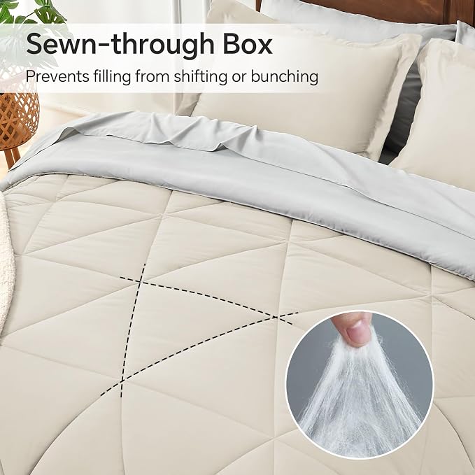 BEDELITE Twin Comforter Set 5 Pieces, Reversible Beige Bed in A Bag | Soft All Season Down-Alternative Comforter, Sheets, Pillowcases & Shams, OEKO-TEX Certified Bedding for Bedrrom, Guest Room