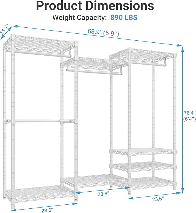 VIPEK V5 Heavy Duty Clothes Rack, Freestanding Modular Closet System, White | 890 lbs Load, 4 x 23.6 in hanging rods, 8 x shelves (2 adjustable), Supports expansion with accessories