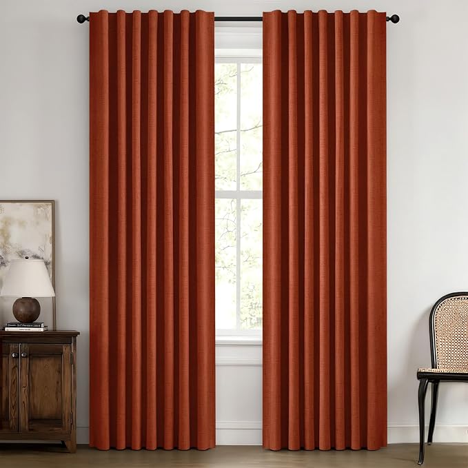 MIULEE Fall 100% Blackout Linen Curtains 42 x 72 Inch Burnt Orange 2 Panels | Thermal Insulated, Room Darkening Drapes for Bedroom Living Room, Back Tab Rod Pocket Pinch Pleated, Solid Luxury Decor