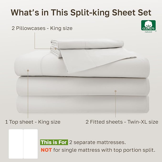 California Design Den 100% Cotton Sateen Split King Sheet Set, 5 Pcs Set | 500 Thread Count with Good Housekeeping Seal, Split King Sheets Sets for Adj. Bed with 2 Sep. Twin-XL Mattresses - True Ivory