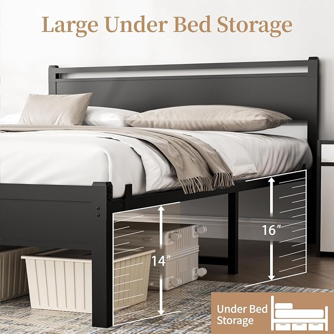 Easy Install 16 Inch Queen Size Bed Frame with Headboard&Footboard | Large Under Bed Storage, No Box Spring Needed, Non-Slip Without Noise, Sturdy Steel Frame, Mattress Foundation, Black