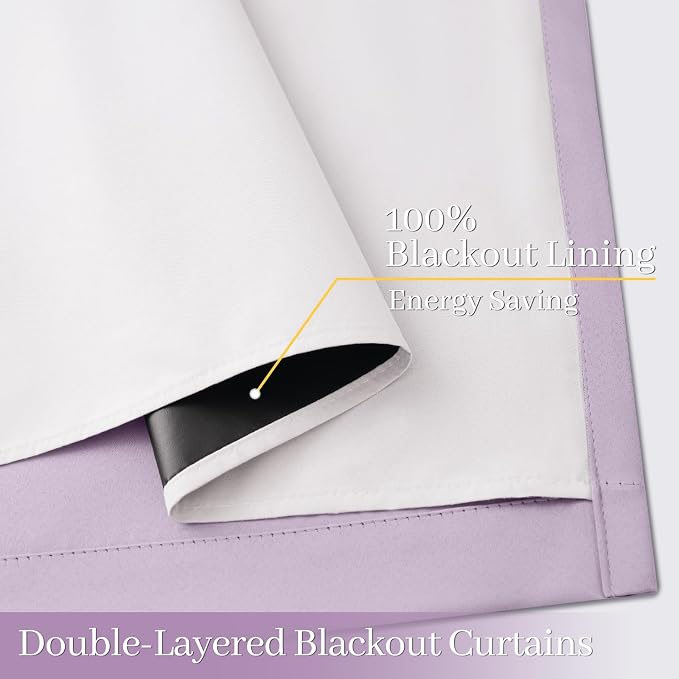 Yakamok Lilac 100% Blackout Curtains 96 Inches Long for Bedroom 50" Wide | Blackout Curtain Panels for Bedroom, 2 Thick Layers Grommet Top Thermal Insulated Drapes with White Back for Living Room