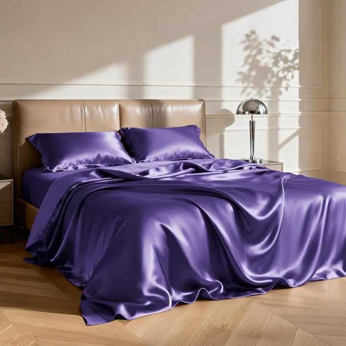 Love's cabin Twin Satin Sheets Sets - 3 Piece Purple Silky Bed Sheets with Deep Pockets, Luxury Silk Feel Satin Twin Size Sheet Set Bedding Set (1 Flat Sheet,1 Fitted Sheet,1 Pillow case)