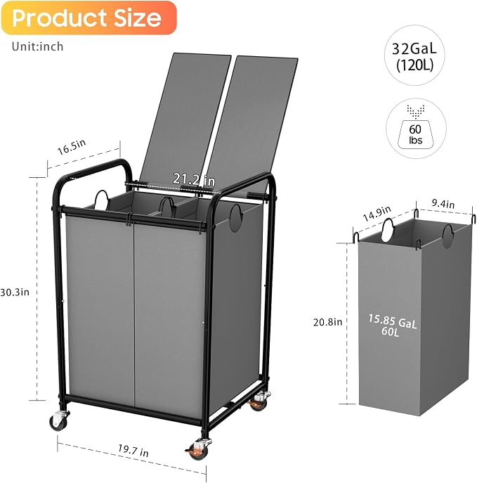 120L Laundry Sorter 2 Section, Rolling Laundry Basket with Wheels ＆ Lid | 31.7 Gal Laundry Hamper, 2 Separated Removable Bags, Lockable Wheels, Dirty Clothes Hamper for Laundry Room, Bedroom, Grey