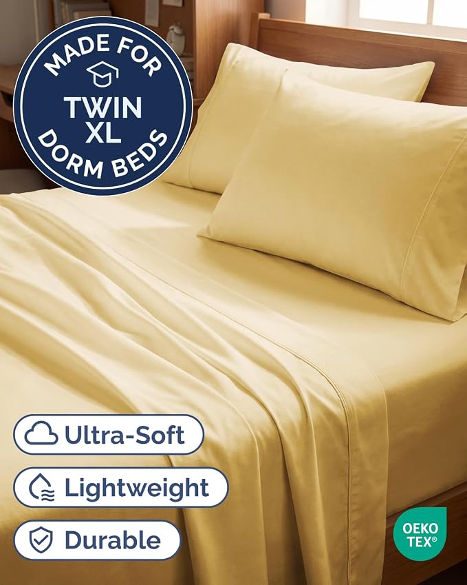 Twin XL 4 Piece Sheet Set - College Dorm Room Essentials - Butter Yellow | Ultra Soft Dorm Bedding Set, 8" to 16" Inch Deep Pockets, 1 Flat & 1 Fitted Sheet & 2 Pillowcases, Wrinkle & Fade Free