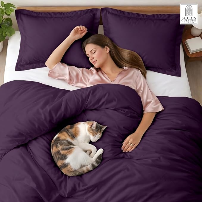 3 Pc Duvet Cover King Size Set-100% Egyptian Cotton 600 Thread Count Ultra Soft Premium Durable Comforter Cover Zipper Closure & Corner Ties - (Plum, 104" X 94")