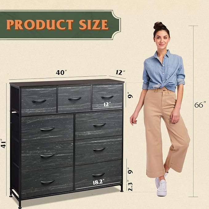WLIVE Tall Dresser for Bedroom, 9 Drawer Chest of Drawers, Black Wood Grain | 9 roomy fabric drawers, Tall storage design, Bedroom or closet use, Sturdy steel frame, Smooth wood tabletop