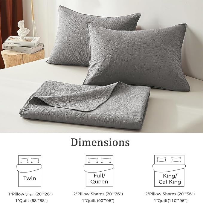 akkialla Twin Quilt Bedding Set,Grey Ultrasonic Quilt Set,Lightweight Soft Bedspread Coverlet,Modern Style Coin Pattern Bed Cover for All Seasons,2 Piece(1 Quilt,1 Pillow Sham)
