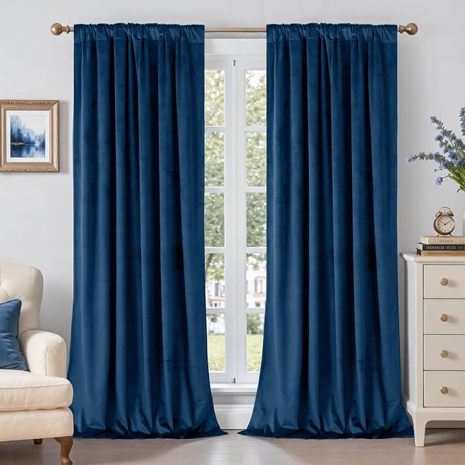 BGment Blue Velvet Blackout Curtains 96 Inches for Living Room, 2 Panels | Thermal Insulated Panels for Bedroom, Room Darkening, Noise Reducing, Energy Saving, Luxury, Back Tab Rod Pocket, 52x96 Inch
