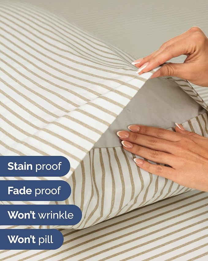 Flex Top Split Head King Sheet Set - 4 Piece Extra Deep - Beige Stripes 2 | Easily Fits 18 to 24 inch Mattress, Ultra Soft, Wrinkle & Fade Free with Extra Deep Pockets, Comfy Hotel Luxury Bedding