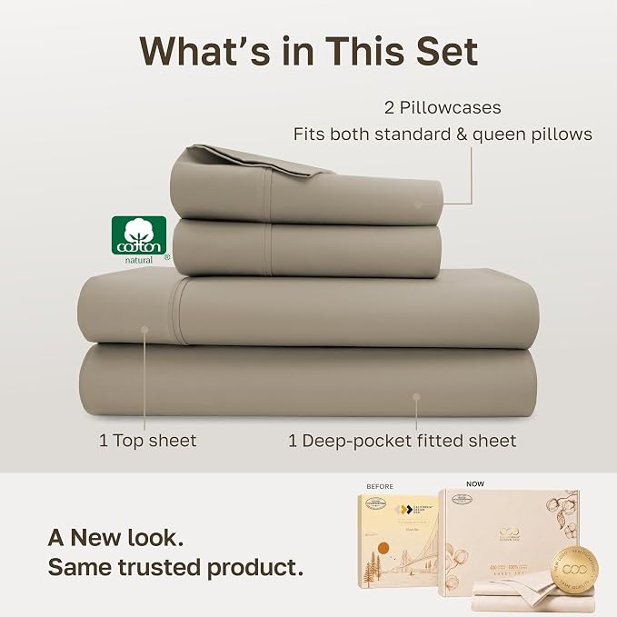California Design Den Soft 100% Cotton Sateen Queen Size Sheets Set, Taupe | 400 Thread Count Backed by Good Housekeeping Seal, 16" Deep Pocket, All-Around Elastic, Durable, Easy Care
