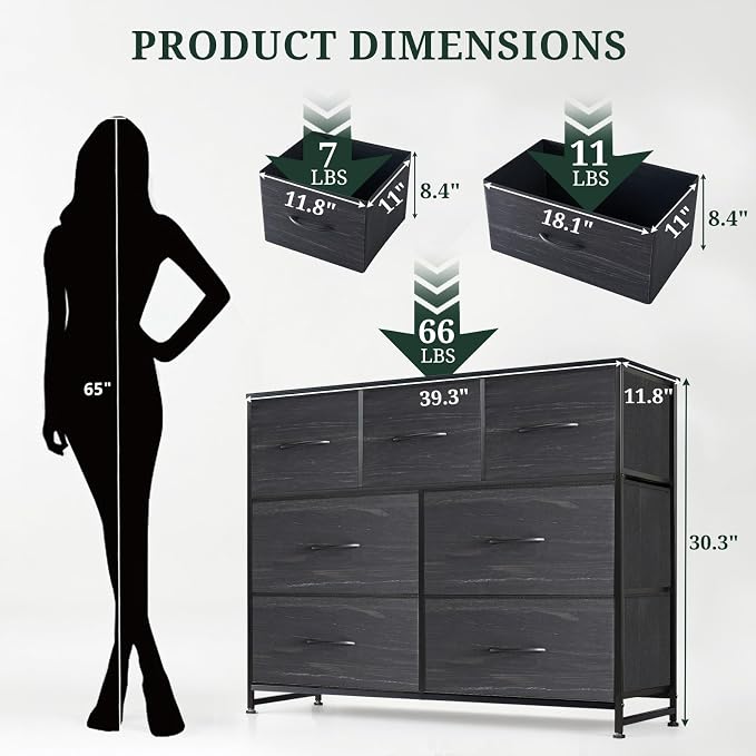 7-Drawer Dresser for Bedroom, Anti-Tip Wide Storage Organizer Fabric | Chest of Drawers TV Stand for 45" TV with Wooden Top Metal Frame for Closet, Living Room, Hallway, Entryway, Charcoal Black