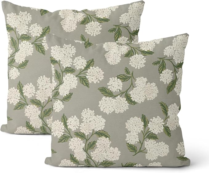Grey Pillow Covers 22x22 Inch 2 Pcs Gray Green Hydrangea Flower Decor Throw Pillows Vintage Floral Seasonal Spring Summer Outdoor Decoration Pillowcase Linen Cushion Cover for Couch Sofa
