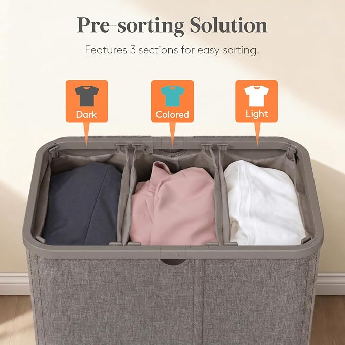 Lifewit 185L 3 Section Laundry Hamper with Lid, Laundry Basket, Brown | Large Foldable Laundry Sorter with 3 Removable Bags, Tall Clothes Hamper for Bedroom and Bathroom