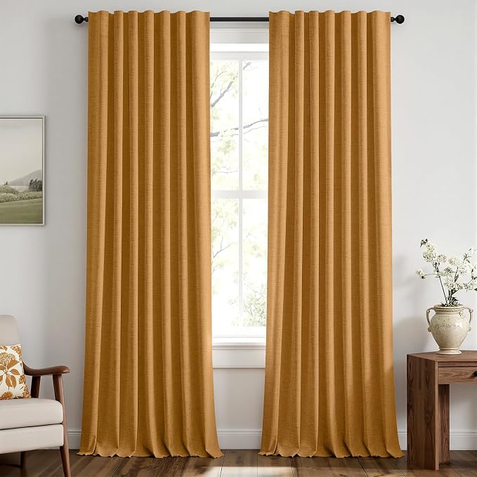 MIULEE Fall 100% Blackout Linen Curtains 42" x 96" Mustard Yellow 2 Panels | Thermal Insulated, Room Darkening Drapes for Bedroom Living Room, Back Tab Rod Pocket Pinch Pleated, Solid Luxury Decor