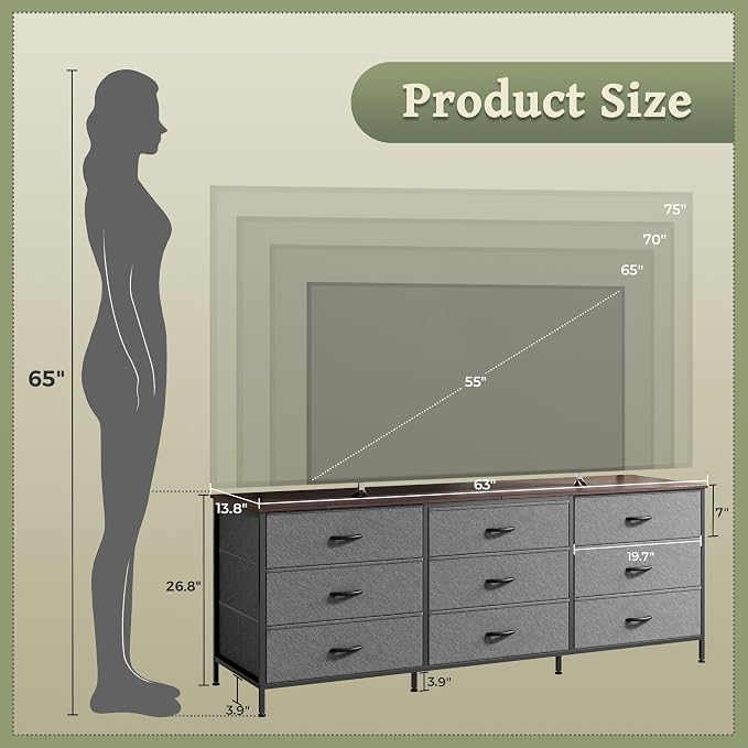 Huuger 63 Inch Dresser for Bedroom, Dresser for Closet with 9 Fabric Drawers, Large TV Stand for 55, 65, 70 Inch TV, Entertainment Center with Storage, Wide Long Chest of Drawers, Walnut and Dark Grey