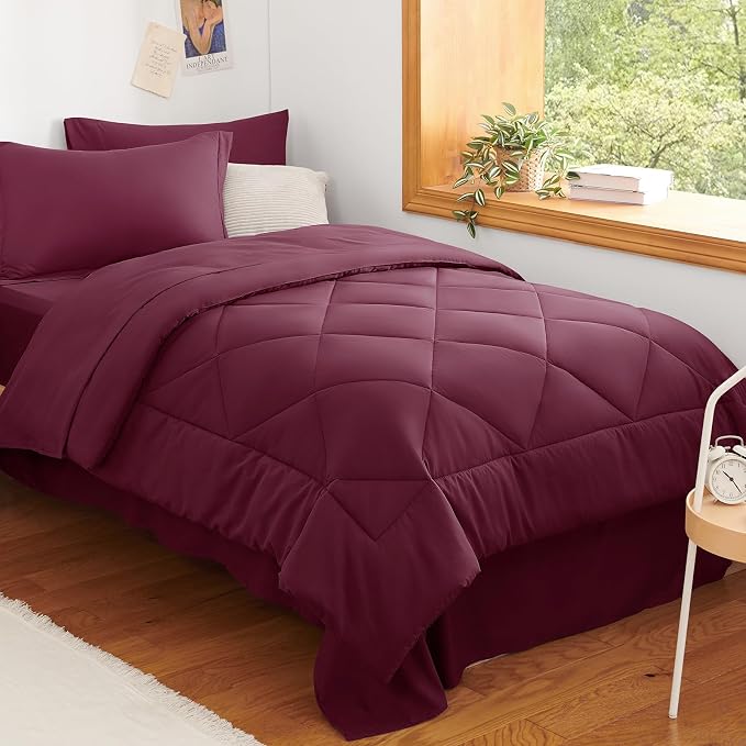 Twin XL Comforter Set with Sheets Burgundy - 5 Pieces Bed in a Bag | College Dorm Essentials, OEKO-TEX Certified, All Season, 240GSM Down-Alternative Comforter, Sheets, Pillowcase & Sham