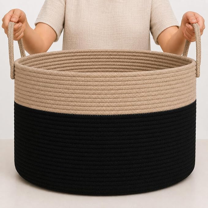 OrganiHaus Round Toy Basket & Blanket Basket, Cotton Rope 20x13" | Black / Honey - Round Cotton Rope Basket, 20x13"