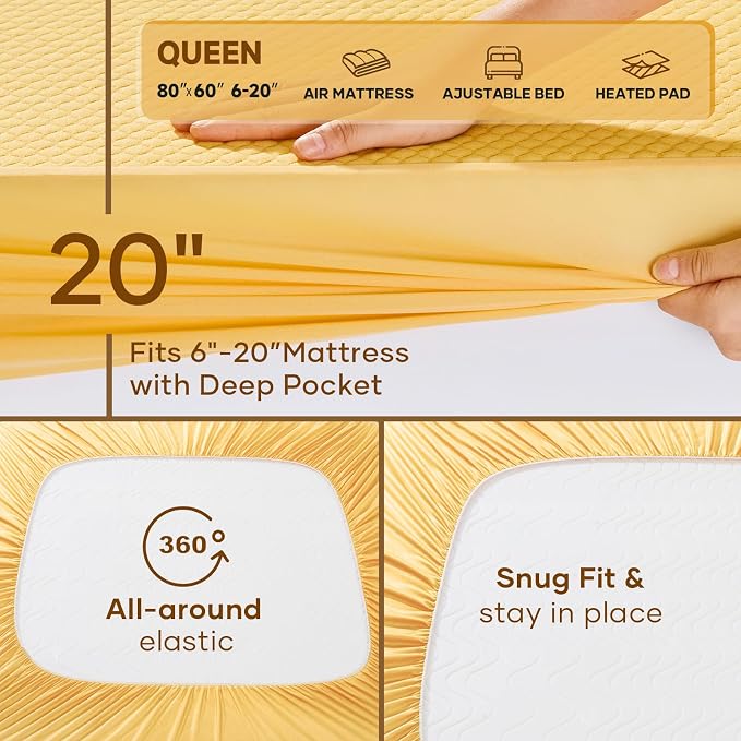 OhGeni 100% Waterproof Mattress Protector,Queen Size Mattress Soft Pad,Pet Hair & Bedwetting Resistant,Cooling Breathable Fitted Sheets,Washable Bed Cover Over 99 pcs Hex Filled Bumps,Yellow