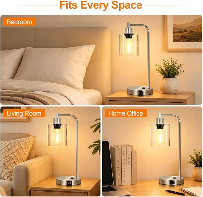 Industrial Touch Control Table Lamps Set of 2 - Brushed Nickel Nightstand Bedside Lamps with 2 USB Ports & AC Outlet, 3-Way Dimmable Desk Lamp for Bedroom Living Room, Glass Shade & LED Bulbs Included