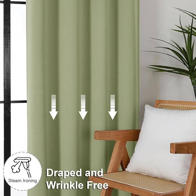 Simplebrand Ava Sage Green Blackout Curtains for Bedroom 96 Inches Long 2 Panels, Solid Thermal Insulated, Energy Saving Living Room Window Treatment Curtains Blackout Drapes, W50 x L96 Inch, Sage