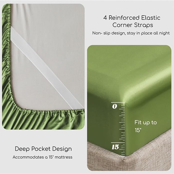 MR&HM Satin Sheets Queen Size with Elastic Corner Straps, Sage | Similar to Silk, 4-Piece Silky Soft Bed Sheet Set, Gentle on Skin and Hair, 15" Deep Pocket, Cooling & Breathable