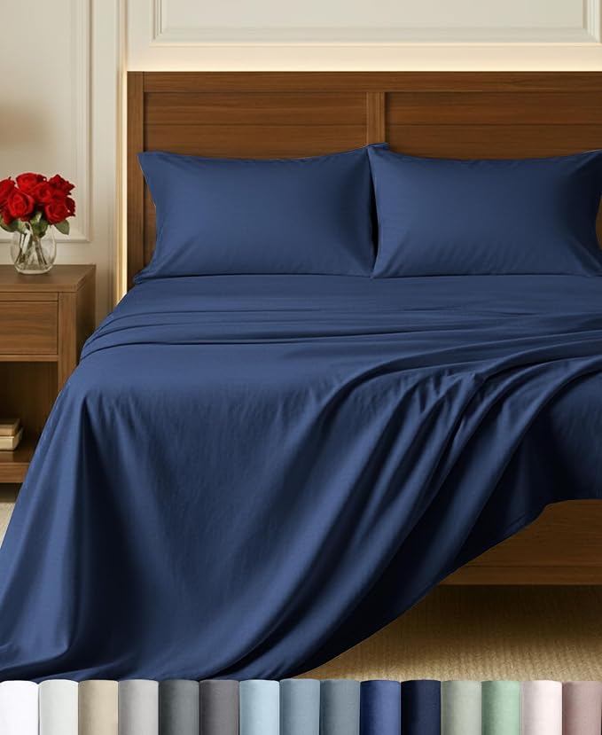 California Design Den 100% Egyptian Cotton Full Sheet Set, 4 Pcs, Navy Blue | Backed by Good Housekeeping Seal, Light & Airy Soft Sateen, 15" Deep Pocket, All-Around Elastic, Durable, Easy Care 4pc Set