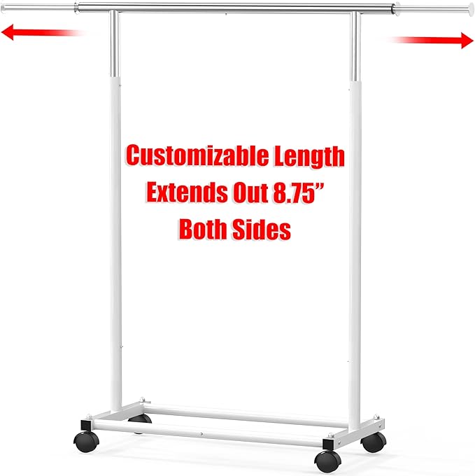 Simple Houseware Standard Rod Garment Clothing Rack, White | Single Rail, Extendable Width from 30 to 47 Inches, Rolling Clothing Organizer for Bedroom, Laundry, Living Room