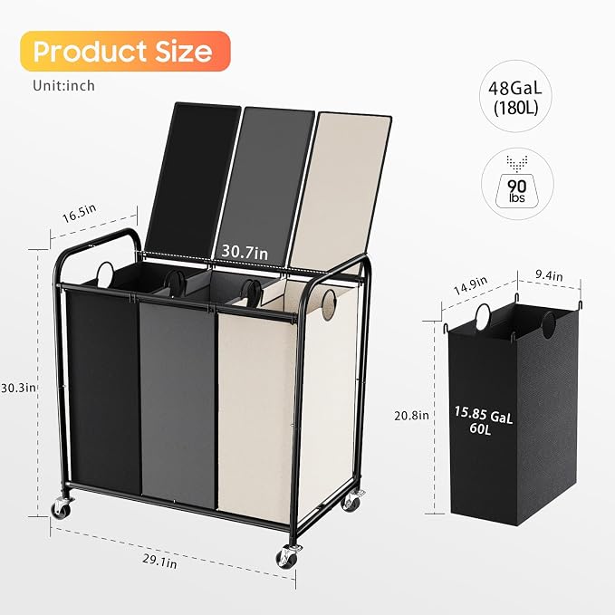 180L Laundry Sorter 3 Section, Rolling Laundry Basket with Wheels and Lid | 47.55 Gal Laundry Hamper, 3 Separated Removable Bags, Lockable Wheels, Dirty Clothes Hamper for Laundry Room, Multicolored