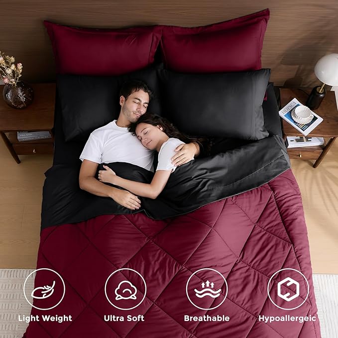 7-Piece Oversized King Comforter Set, Red & Black | Reversible, All-Season, Soft, 7 Piece Set, All-Season Reversible Bed in a Bag, Flat Sheet, Fitted Sheet, Pillowcases