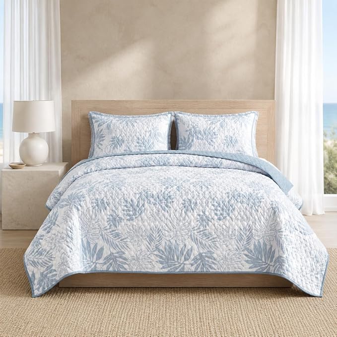 BLOOMHAVEN King Quilt Set-3 Pieces Soft Bedding Floral Reversible Coverlet | All Seasons Lightweight Quilts Queen Size for Bed, Breathable Vintage Bedspread with Shams, Moonstone Blue