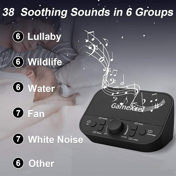 White Noise Machine for Baby & Adults – 38 Non-Looping Sounds, Dual Speakers + Headphone Jack, 15/30/60/90 Min Timer & Memory – USB Powered Sleep Sound Machine for Nursery & Office, Black