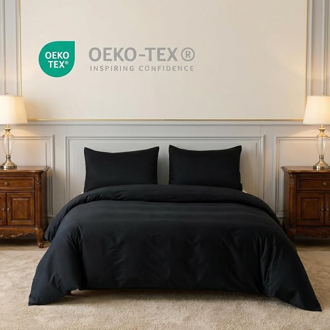 HeimenAogo Egyptian Cotton Duvet Cover Queen Size Sateen Weave, Silky Soft and Breathable Bedding Set with Zipper Closure, Long Staple Cotton Bed Linen Pure Black 3Pcs (90"×90")