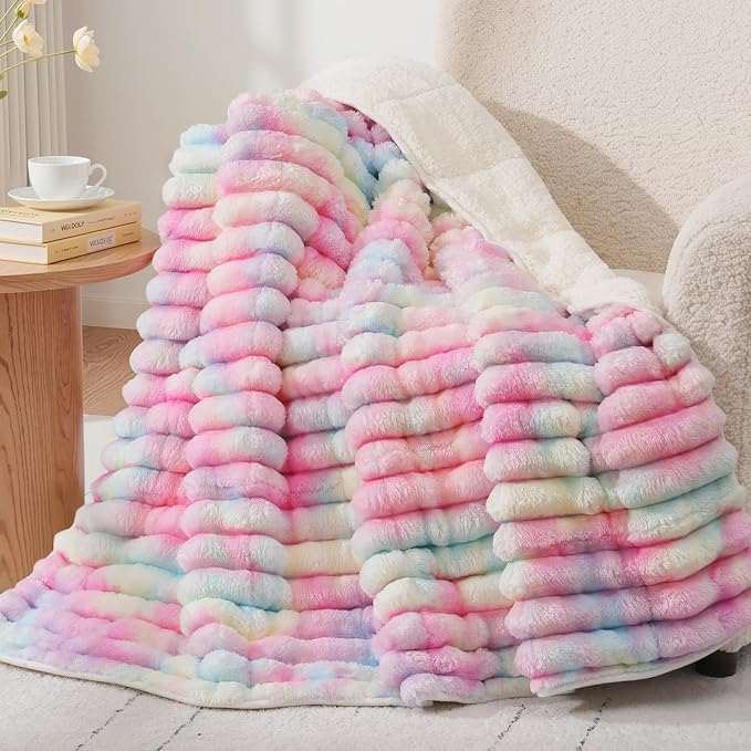 Fleece Weighted Blanket for Adults 60" x 80" 20lbs Striped Blankets,Rainbow | Soft Queen Size Sherpa Weighted Blankets with Glass Bead Filling, Plush 3D Striped Heavy Throw Blanket for Bed and Couch