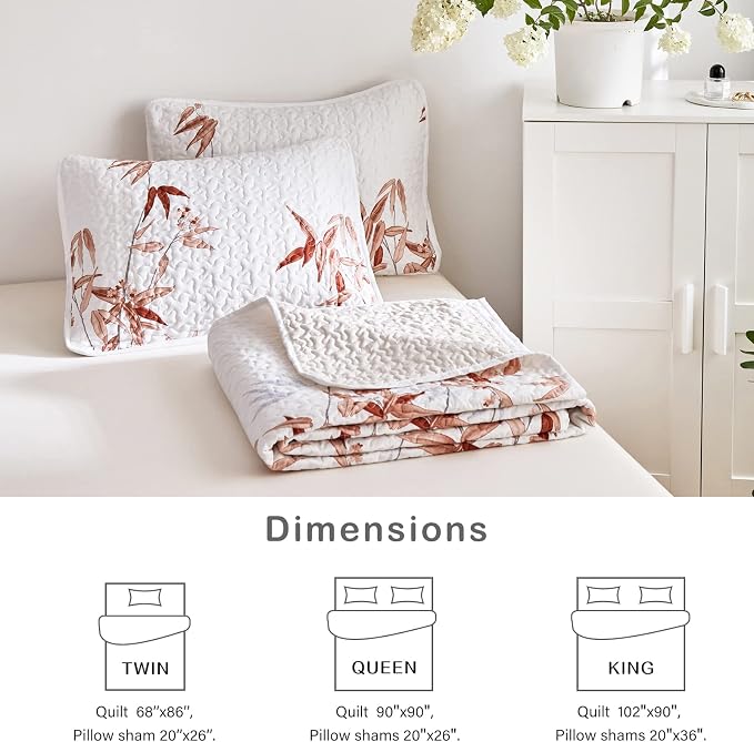 Botanical Quilt Set 3 Piece Full/Queen, Burnt Orange Leaves on White Design Reversible Bedspread Coverlet Set, Soft Microfiber Lightweight Bed Cover for All Season (90" x 90", 1 Quilt+ 2 Pillow Shams)