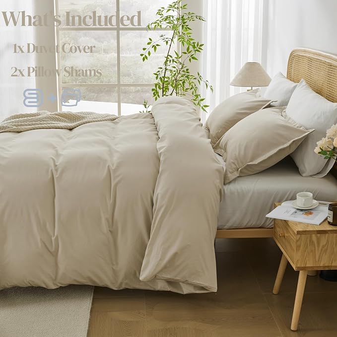OAITE Duvet Cover Set 100% Washed Cotton Solid 3pcs | Soft,Durable,Long-staple Cotton,Hidden Zipper with 8 Interior Corner Ties,2 Pillowcases