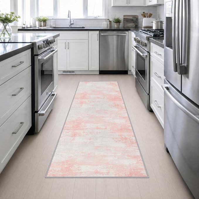 2.6x8 Washable Runner Rug：Modern Abstract Soft Carpet Pink White | For Hallway, Bedroom, Kitchen, Laundry, Bathroom,Door Mat,Modern Abstract,Machine washable,Non-Slip,Stain Resistant,Indoor