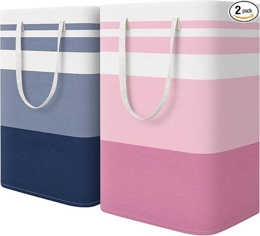 HomeHacks 2 Pack Laundry Baskets, Laundry Hampers Bags (Blue+Pink 75L) | Waterproof, Freestanding, Collapsible Clothes Hamper with Reinforced Handles in Laundry Room, Dorm, Bathroom, Bedroom