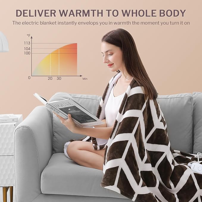 VENTIMI Heated Throw Blanket, 5 Heat Levels & 3 Hours Auto Off, Coffee | ETL & FCC, Fast Warming, 50" × 60", Flannel and Sherpa, Couch Office Use, Machine Washable, Removable Controller