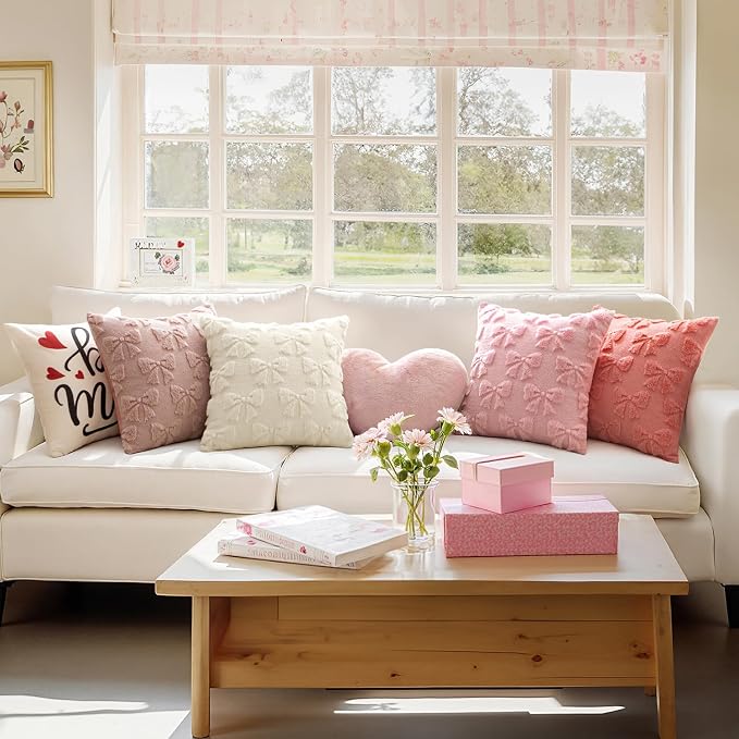 MIULEE Blush Pink Bow Pillow Covers Coquette Room Decor 18x18 | Aesthetic Decorative Cute Girl,Set of 2 Cushion Covers,Soft Plush Faux Pillowcases,Preppy Room Decor Bedroom Couch